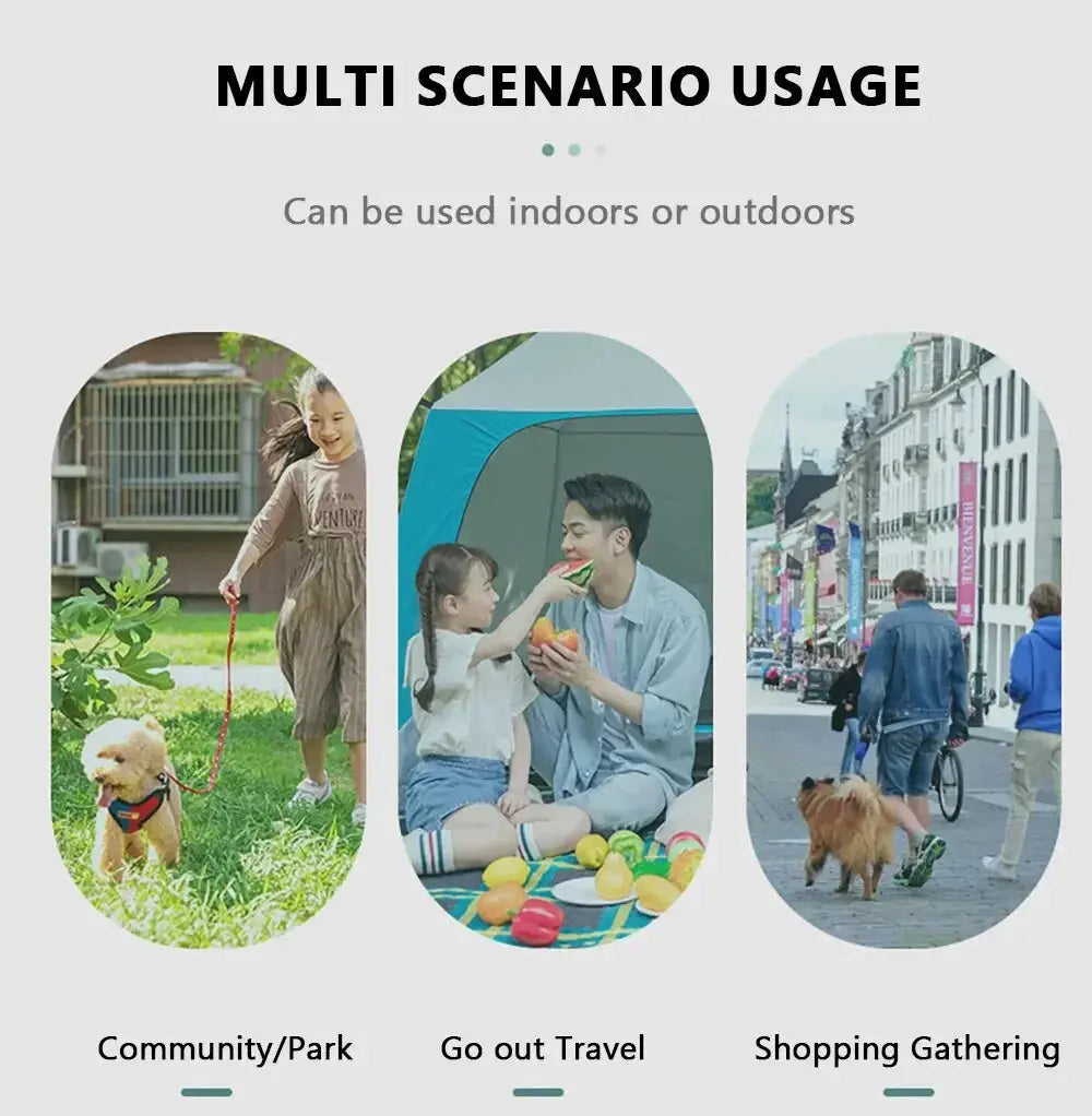 Multifunctional product usage scenarios including community/park, go out travel, and shopping gathering.